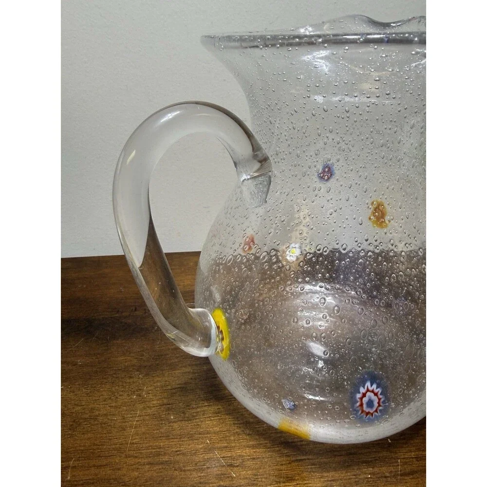 Crate & Barrel Zazz Millefiori 8.5” Hand-Blown Bubble Art Glass Pitcher Whimsy